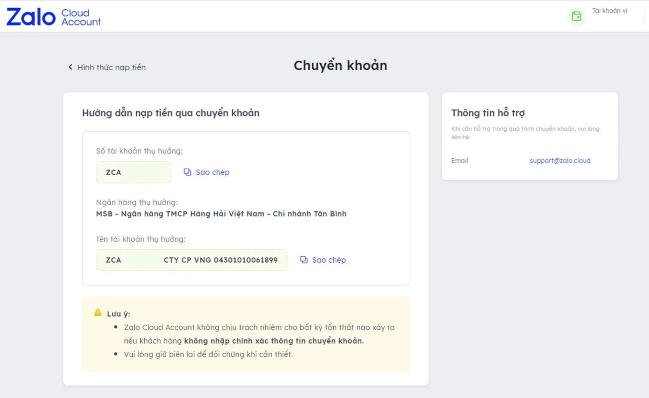 Hướng dẫn nạp tiền vào ZCA bằng phương thức chuyển khoản nhanh Hướng dẫn nạp tiền vào ZCA bằng phương thức Chuyển khoản nhanh