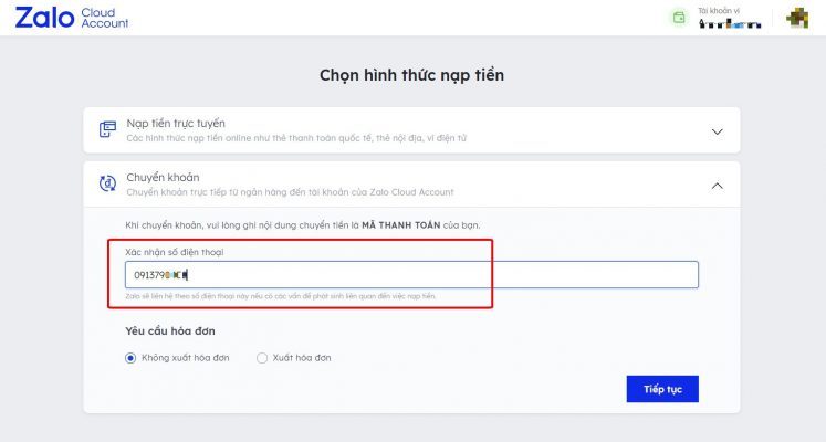 Huong dan nap tien vao zalo Cloud Account bang phuong thuc chuyen khoan3