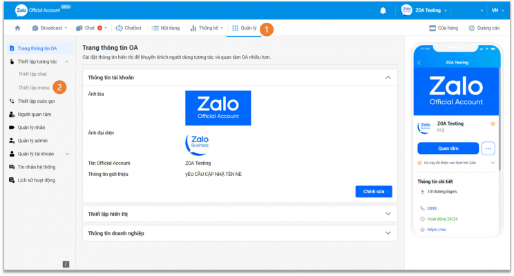 Tối ưu hóa thanh menu cho Official Account trên Zalo 