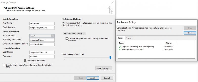 Hướng dẫn cấu hình Email Server Hopthu trên Outlook 2016