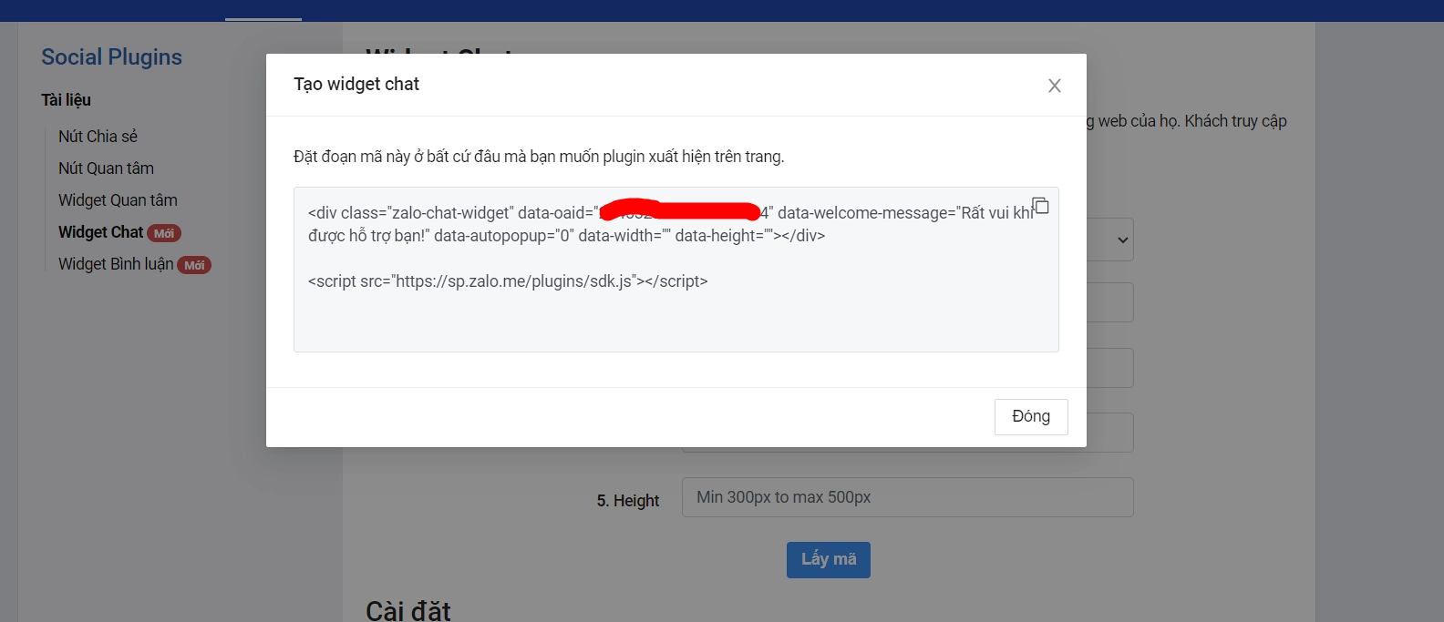 Cách lấy code nút chat Zalo OA cho web buoc 2